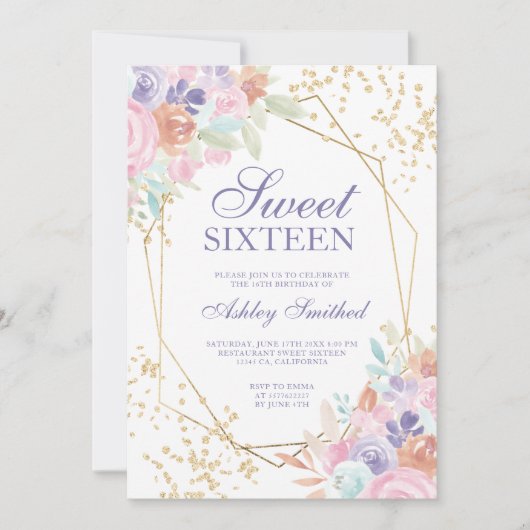 Invitation Aquarelle douce pastel or floral photo Sweet 16 (Devant)