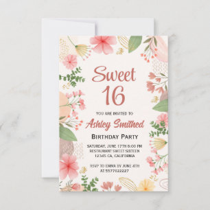 Invitation Aquarelle douce pastel or floral photo Sweet 16