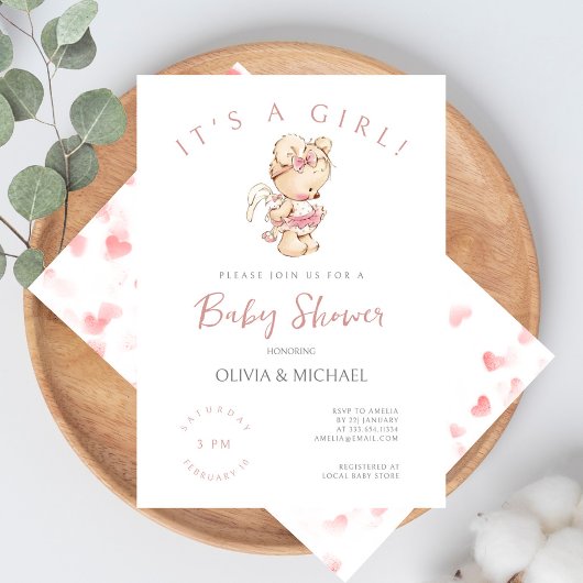 Invitation Aquarelle douce Petit Baby shower d'ours de fille