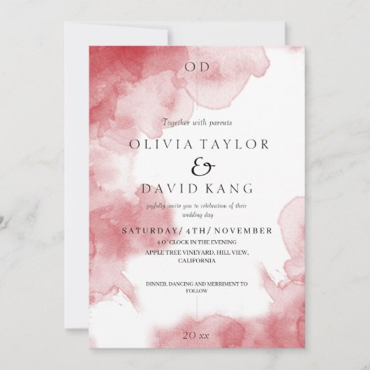 Invitation Aquarelle douce romantique moderne Mariage Bourgog (Devant)