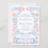 Invitation Aquarelle douce rose et bleu Poudre Orné Floral (Devant)