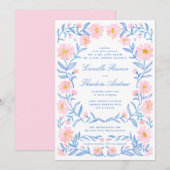 Invitation Aquarelle douce rose et bleu Poudre Orné Floral (Devant / Derrière)