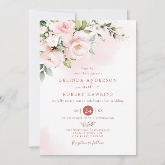 Invitation Aquarelle douce rose pâle Fleurs Mariage (Devant)