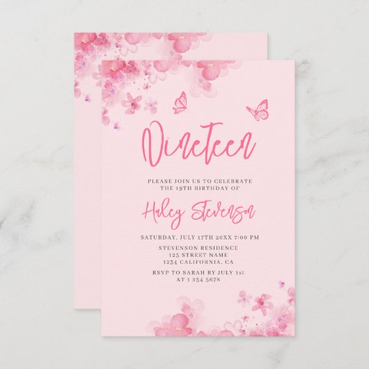 Invitation Aquarelle douce rose pastel 19e anniversaire (Devant / Derrière)