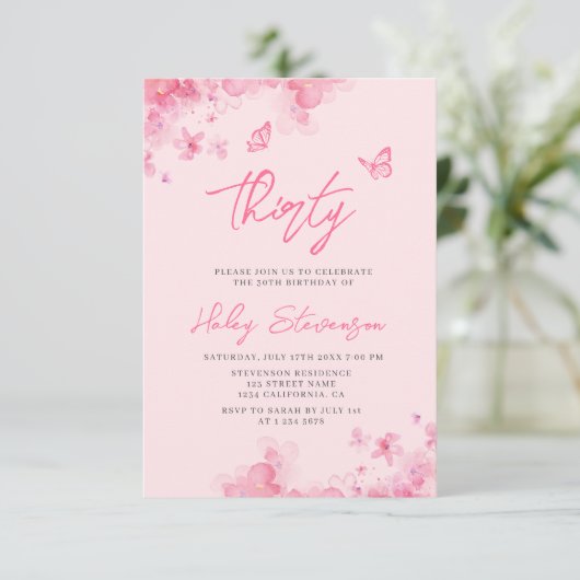 Invitation Aquarelle douce rose pastel 30e anniversaire (Debout devant)