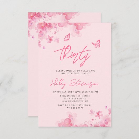 Invitation Aquarelle douce rose pastel 30e anniversaire (Devant / Derrière)