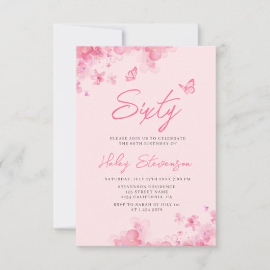 Invitation Aquarelle douce rose pastel 60e anniversaire (Devant)