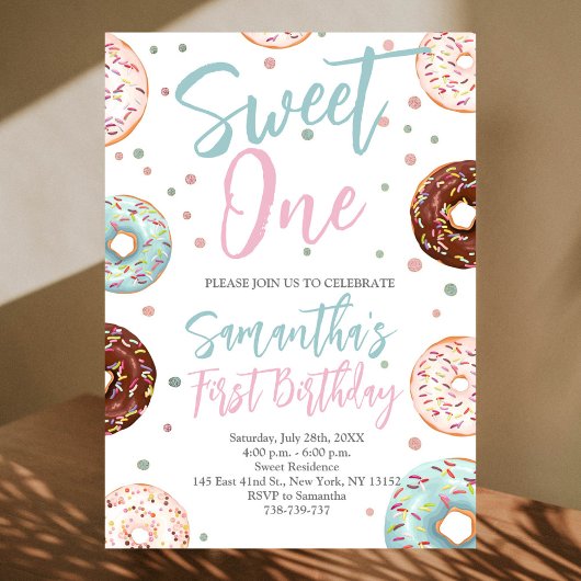 Invitation Aquarelle Douce Un Donuts Premier anniversaire