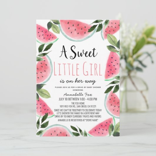 Invitation Aquarelle douce Watermelon Baby shower Drive-by (Debout devant)