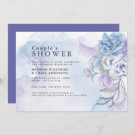 Invitation Aquarelle Douche Florale bleu foncé (Devant / Derrière)