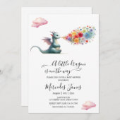 Invitation Aquarelle Dragon Bébé Avec Arc En Ciel Fleurs Art (Devant / Derrière)