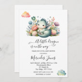 Invitation Aquarelle Dragon Bébé Avec Fleurs Arc En Ciel (Devant / Derrière)
