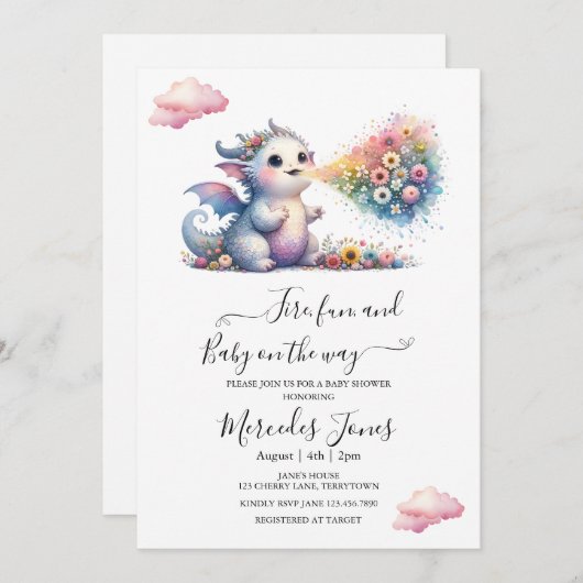 Invitation Aquarelle Dragon Bébé Avec Fleurs Arc En Ciel Feu (Devant / Derrière)