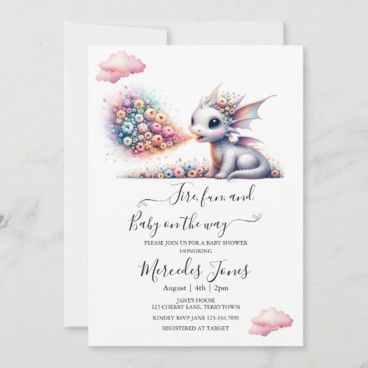 Invitation Aquarelle Dragon Bébé Avec Fleurs Arc En Ciel Feu (Devant)