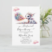 Invitation Aquarelle Dragon Bébé Avec Fleurs Arc En Ciel Feu (Debout devant)