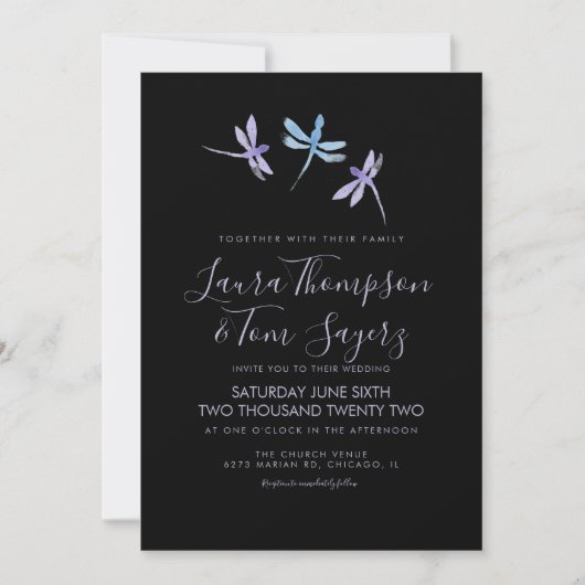 Invitation Aquarelle Dragonfly Elegant Script Mariage Noir (Devant)