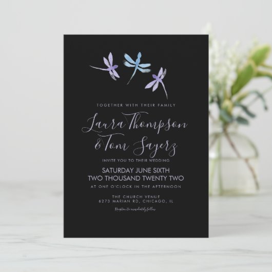 Invitation Aquarelle Dragonfly Elegant Script Mariage Noir (Debout devant)