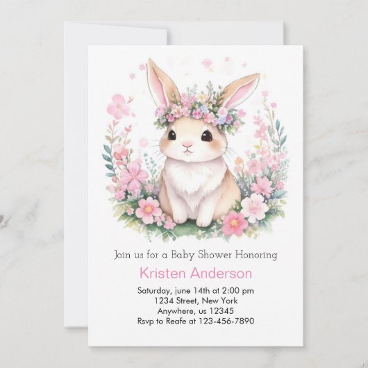Invitation Aquarelle Dreams : Baby Girl Bunny Douche (Devant)