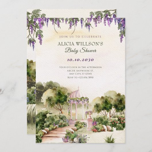 Invitation Aquarelle Dreamy jardin vert élégant baby shower (Devant / Derrière)