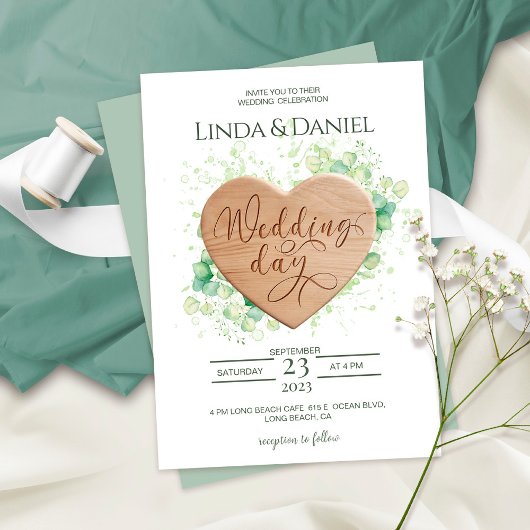 Invitation Aquarelle du coeur en bois Eucalyptus Mariage rust