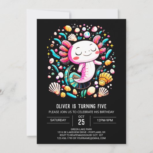 Invitation Aquarelle du mignon Axolotl Anniversaire (Devant)