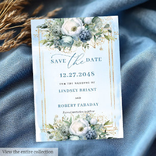 Invitation Aquarelle Dusty Bleu Blanc Or Floral Date d'enregi