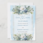 Invitation Aquarelle Dusty Bleu Blanc Or Floral Date d'enregi (Devant)