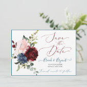 Invitation Aquarelle Dusty Bleu Bourgogne Blush Roses (Debout devant)