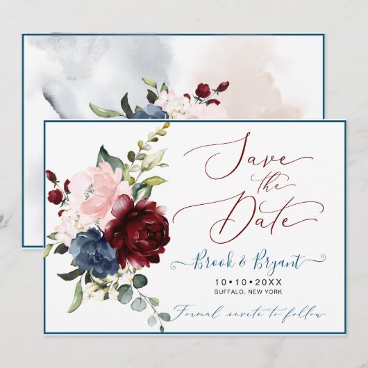 Invitation Aquarelle Dusty Bleu Bourgogne Blush Roses (Devant / Derrière)