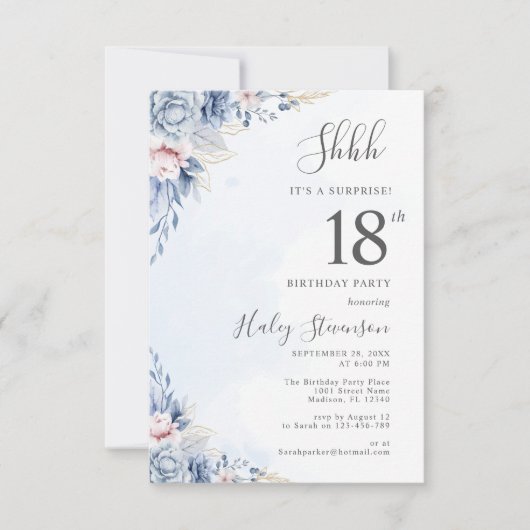 Invitation Aquarelle Dusty Blue Boho Budget 18e anniversaire (Devant)