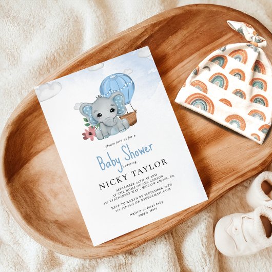 Invitation Aquarelle Dusty Blue Elephant Baby shower