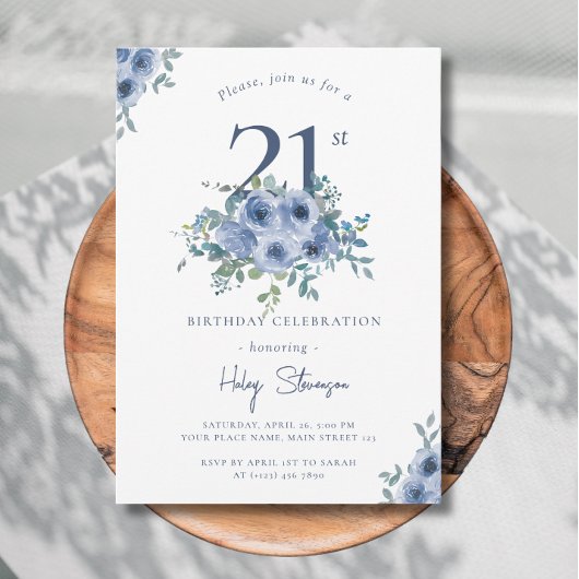 Invitation Aquarelle Dusty Blue Floral 21e Anniversaire Chic