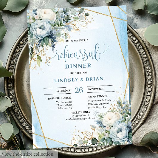 Invitation Aquarelle Dusty Blue Floral Gold Frame Diner