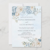 Invitation Aquarelle Dusty Blue Flowers Mariage Rose (Devant)