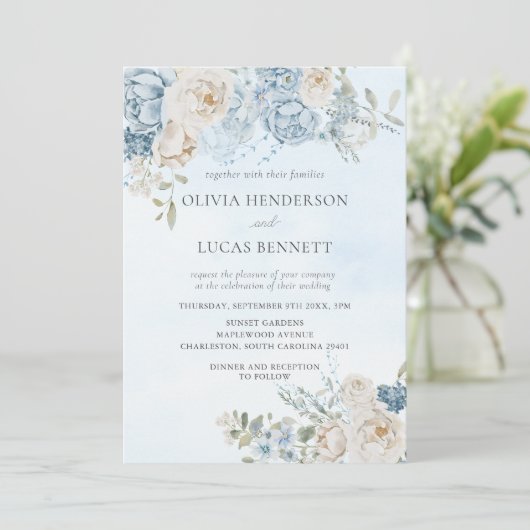 Invitation Aquarelle Dusty Blue Flowers Mariage Rose (Debout devant)