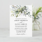 Invitation Aquarelle Dusty Blue Greenery Mariage photo (Debout devant)