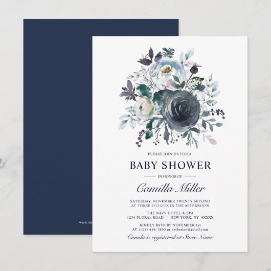 Invitation Aquarelle Dusty Blue Navy Baby shower floral (Devant / Derrière)