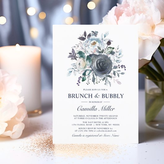 Invitation Aquarelle Dusty Blue Navy Floral Bridal Brunch