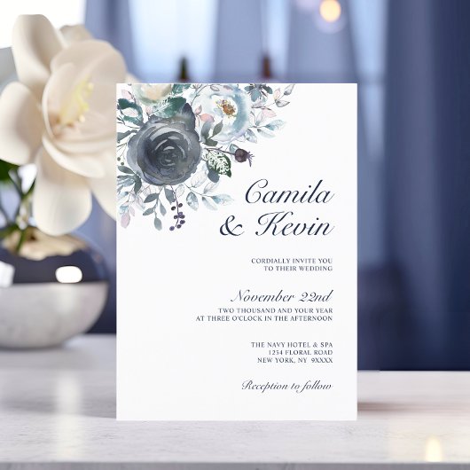 Invitation Aquarelle Dusty Blue Navy Floral Mariage