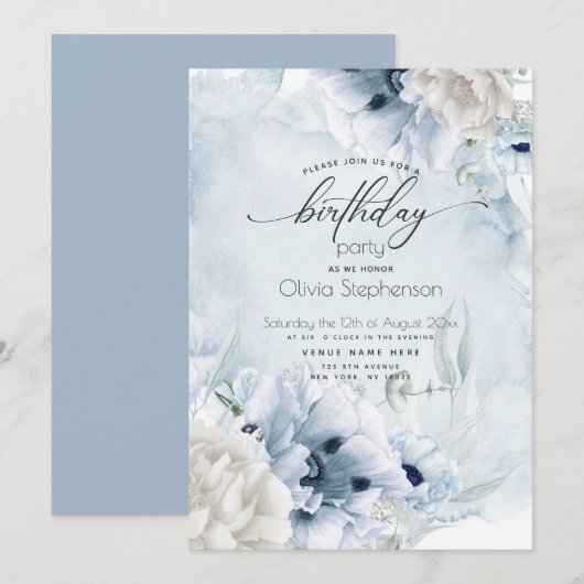 Invitation Aquarelle Dusty Blue Poppy Anniversaire (Devant / Derrière)