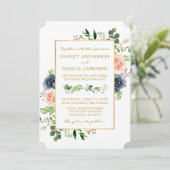 Invitation Aquarelle Dusty Blue Rose Roses Mariage or (Debout devant)