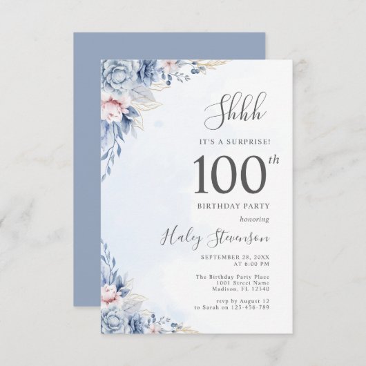 Invitation Aquarelle Dusty Blue Surprise 100e anniversaire (Devant / Derrière)