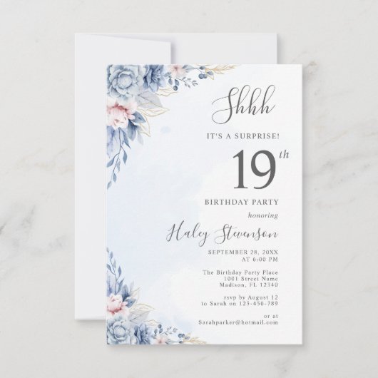 Invitation Aquarelle Dusty Blue Surprise 19ème anniversaire (Devant)