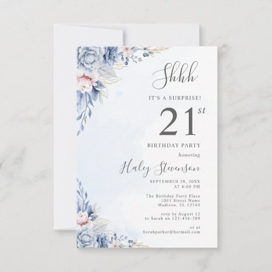 Invitation Aquarelle Dusty Blue Surprise 21ème anniversaire (Devant)