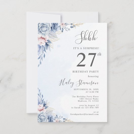 Invitation Aquarelle Dusty Blue Surprise 27ème anniversaire f (Devant)