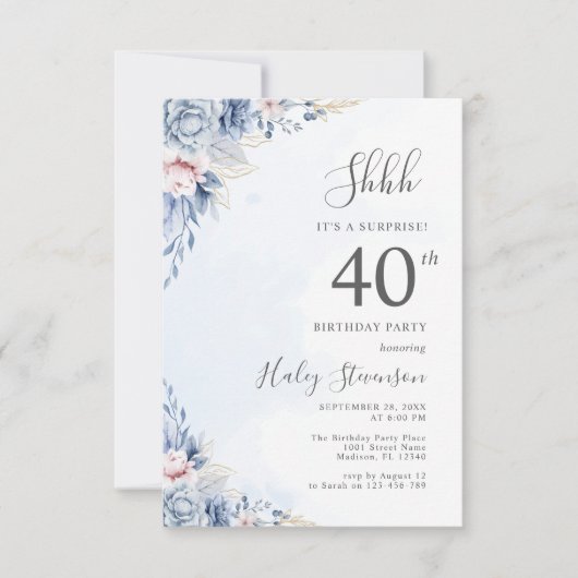 Invitation Aquarelle Dusty Blue Surprise 40e anniversaire fêt (Devant)