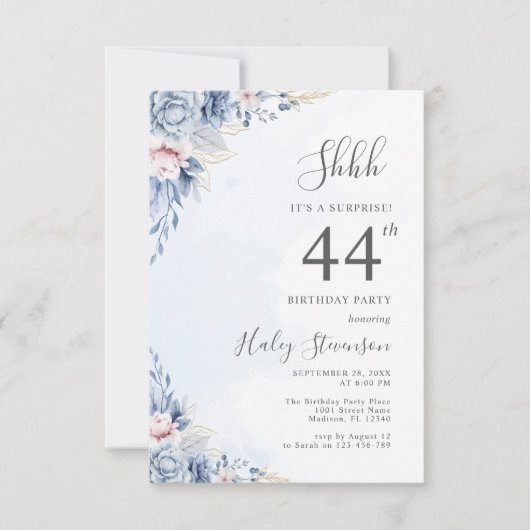 Invitation Aquarelle Dusty Blue Surprise 44e anniversaire (Devant)
