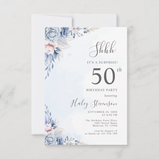 Invitation Aquarelle Dusty Blue Surprise 50e anniversaire (Devant)