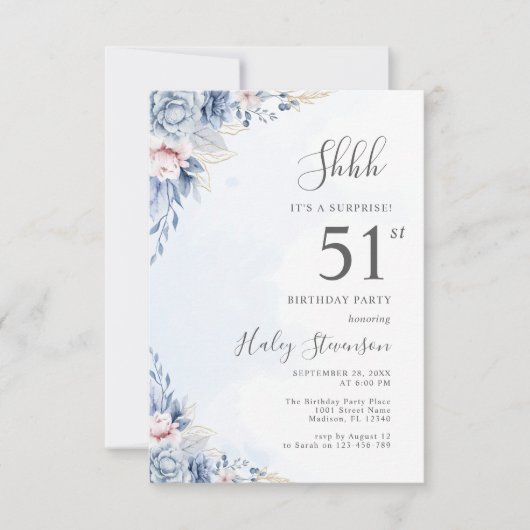 Invitation Aquarelle Dusty Blue Surprise 51ème anniversaire (Devant)
