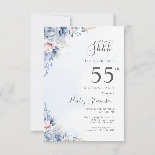 Invitation Aquarelle Dusty Blue Surprise 55e anniversaire (Devant)